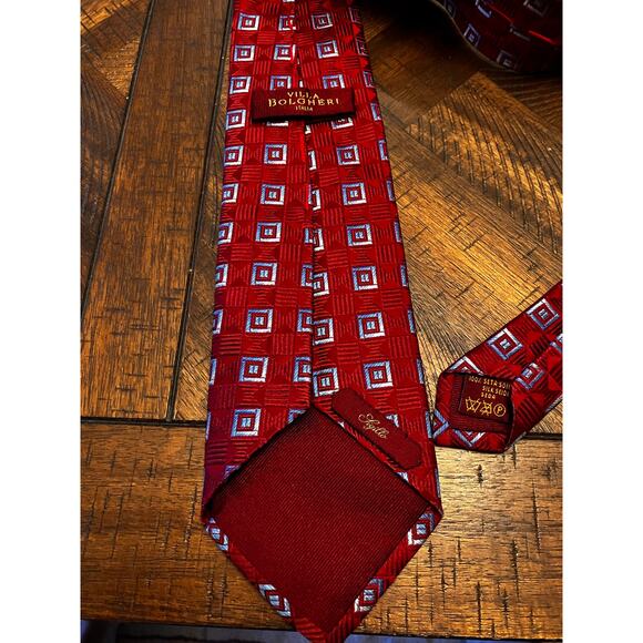 Villa Bolgheri Red with Light Blue Squares, Geometric, Silk, Formal, Business - Picture 4 of 7